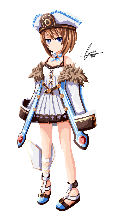 bad_id bad_pixiv_id bare_shoulders blanc blue_eyes blush brown_hair cundodeviant full_body fur_trim hat looking_at_viewer neptune_(series) pixel_art short_hair solo transparent_background
