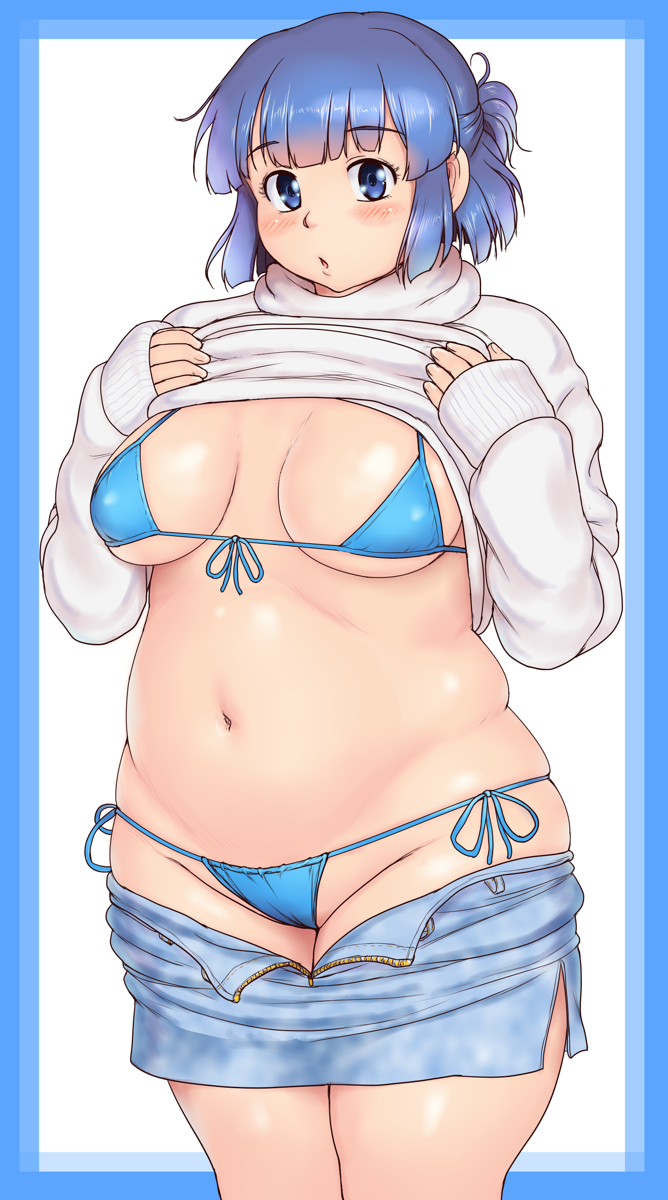 bikini blue_bikini blue_hair blush border breasts breasts_apart clothes_lift eyebrows_visible_through_hair fat fat_step-sister_(orizen) front-tie_bikini front-tie_top groin half_updo head_tilt highres large_breasts looking_at_viewer navel original orizen outside_border parted_lips pencil_skirt side_slit skirt skirt_pull sleeves_past_wrists solo standing sweater sweater_lift swimsuit unzipped white_background white_sweater