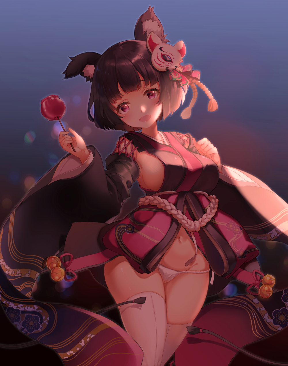 :d animal_ears azur_lane bangs bell black_hair black_kimono blush candy_apple cat_ears commentary_request detached_sleeves eyebrows_visible_through_hair fang food fox_mask groin hair_ornament highres holding holding_food japanese_clothes jingle_bell kimono long_sleeves looking_at_viewer mask mask_on_head navel open_mouth panties purple_eyes shiosoda short_hair short_kimono smile solo thighhighs underwear white_legwear white_panties wide_sleeves yamashiro_(azur_lane)