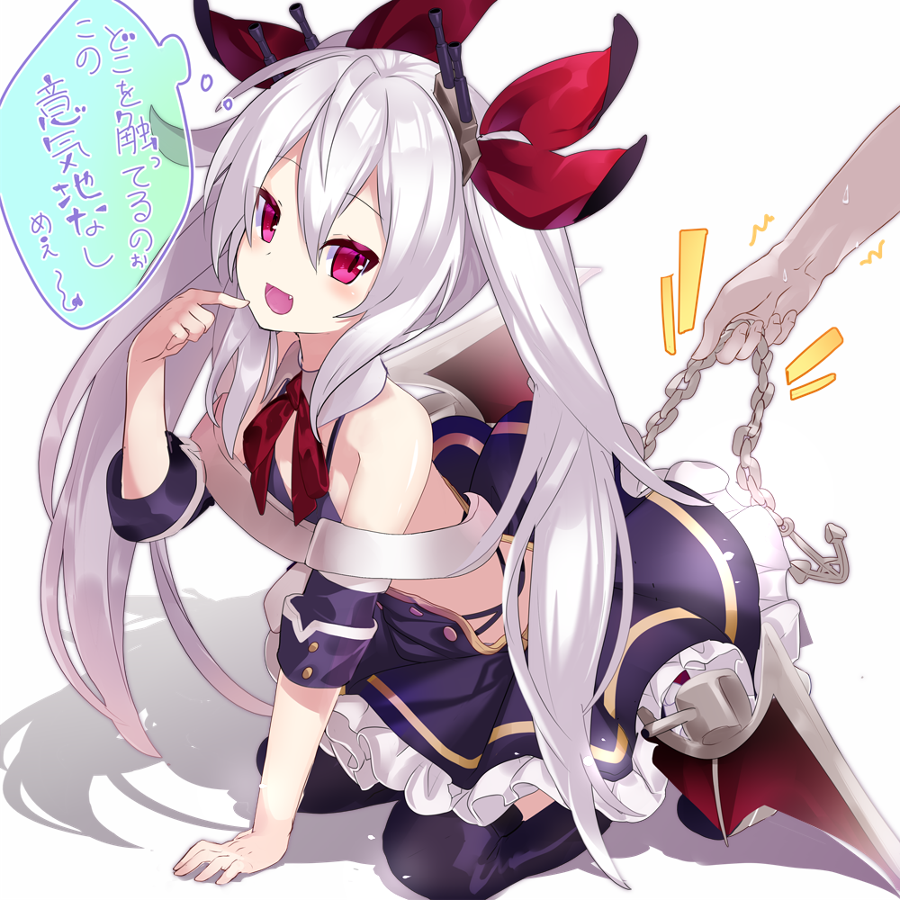 :d anchor arm_support azur_lane bangs belt black_dress black_legwear blush chain detached_sleeves dress eyebrows_visible_through_hair fang finger_to_mouth full_body hair_between_eyes hair_ribbon holding kneeling long_hair low_wings nyori open_mouth purple_eyes red_ribbon red_wings ribbon sidelocks silver_hair smile solo_focus thighhighs thought_bubble translation_request twintails vampire_(azur_lane) very_long_hair white_background white_belt wings