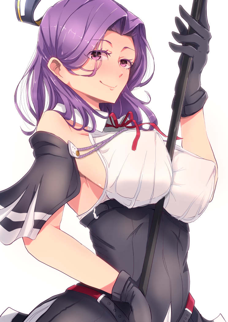 bare_shoulders between_breasts black_capelet black_gloves breasts capelet covered_nipples gloves high-waist_skirt kantai_collection large_breasts long_hair looking_at_viewer mechanical_halo no_bra polearm purple_eyes purple_hair remodel_(kantai_collection) sakusakusakurai simple_background skirt smile solo tatsuta_(kantai_collection) underbust upper_body weapon white_background