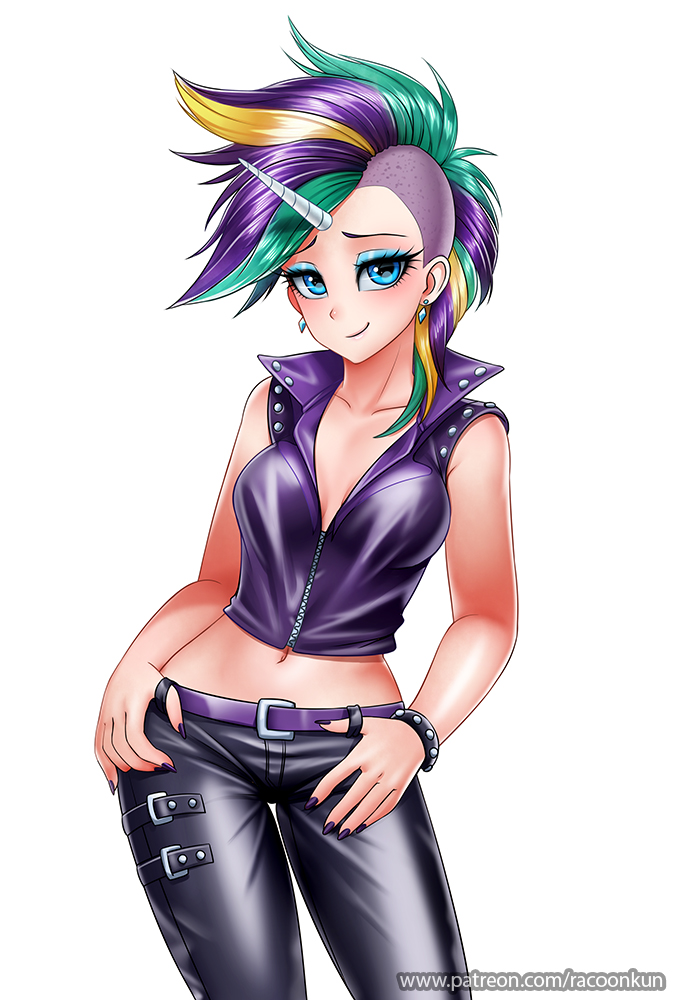 2017 alternate_species animal_humanoid belt blue_eyes breasts clothed clothing colored_nails digital_media_(artwork) ear_piercing equine equine_humanoid eyelashes eyeshadow female friendship_is_magic hair horn human humanized humanoid jewelry leather looking_at_viewer makeup mammal midriff multicolored_hair my_little_pony navel piercing punk racoon-kun rarity_(mlp) simple_background smile solo tight_clothing white_background