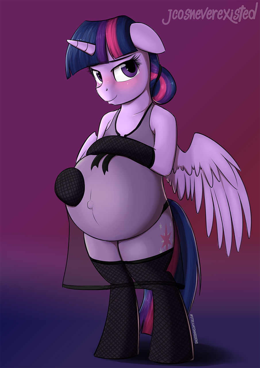 2018 armwear clothing elbow_gloves equine female feral fishnet fishnet_gloves fishnet_legwear friendship_is_magic gloves hair horn jcosneverexisted legwear lingerie mammal my_little_pony pregnant purple_eyes purple_hair solo twilight_sparkle_(mlp) winged_unicorn wings