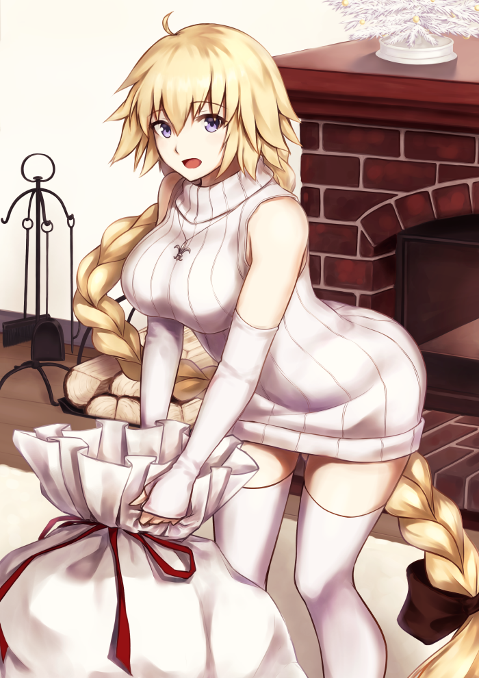 absurdly_long_hair ahoge black_bow blonde_hair blue_eyes bow braid elbow_gloves enchuu eyebrows_visible_through_hair fate/apocrypha fate_(series) fingerless_gloves fleur_de_lis floating_hair gloves hair_between_eyes hair_bow indoors jeanne_d'arc_(fate) jeanne_d'arc_(fate)_(all) jewelry leaning_forward long_hair necklace open_mouth ponytail ribbed_sweater sack single_braid sleeveless sleeveless_turtleneck solo standing sweater thighhighs turtleneck very_long_hair white_gloves white_legwear white_sweater