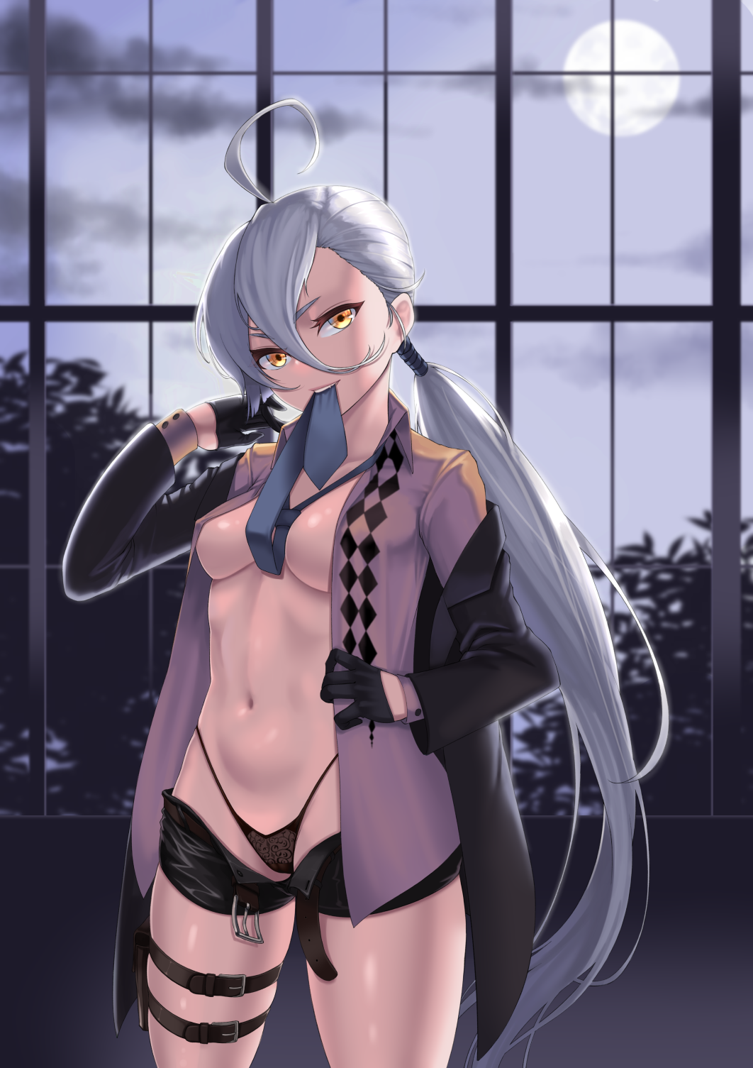 ahoge alternate_costume argyle argyle_shirt belt belt_buckle black_gloves black_shorts blue_neckwear brown_jacket buckle cloel closed_mouth cloud commentary_request cowboy_shot dusk girls_frontline gloves hair_between_eyes hand_up highleg highleg_panties highres holding_clothes holster jacket jacket_on_shoulders lingerie long_hair long_sleeves looking_at_viewer low_ponytail moon navel necktie necktie_on_mouth no_bra off_shoulder open_clothes open_jacket panties pkp_(girls_frontline) ponytail print_shirt shirt short_shorts shorts skindentation solo standing stomach thigh_holster thigh_strap tree tsurime unbuckled underwear undressing very_long_hair white_hair window yellow_eyes yellow_shirt