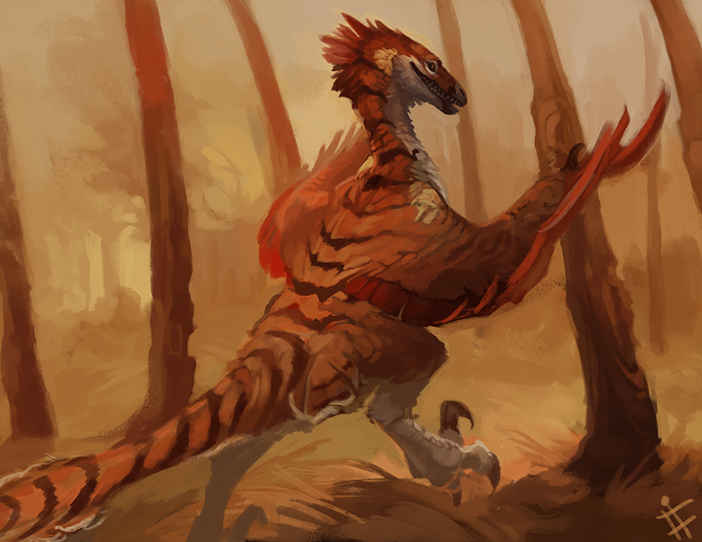 2014 alradeck ambiguous_gender brown_feathers claws detailed_background digital_media_(artwork) digital_painting_(artwork) dinosaur feathered_wings feathers feral forest grass open_mouth smile solo teeth tree wings