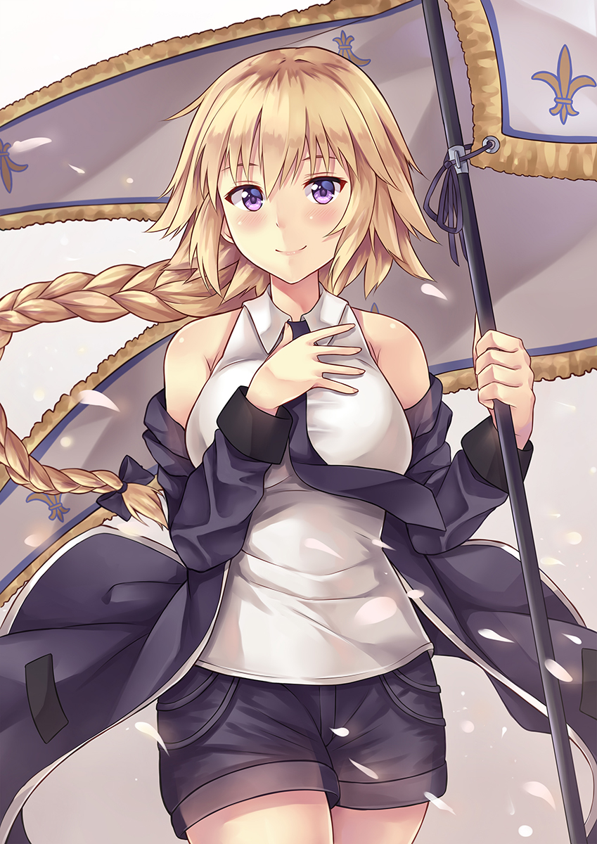 banner black_neckwear black_shorts blonde_hair braid cowboy_shot fate/apocrypha fate_(series) fleur_de_lis floating_hair hair_between_eyes highres holding holding_weapon jeanne_d'arc_(fate) jeanne_d'arc_(fate)_(all) long_hair looking_at_viewer necktie petals ponytail purple_eyes shiny shiny_skin shirt short_shorts shorts single_braid sleeveless sleeveless_shirt smile solo standing suzu_miya very_long_hair weapon white_shirt