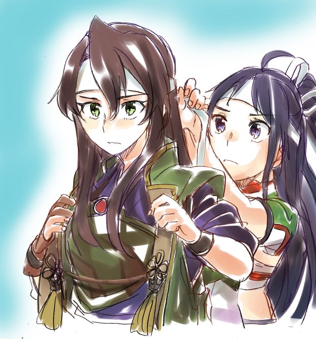 adjusting_headwear ahoge alternate_hair_color black_hair brown_hair closed_mouth commentary_request dressing_another frown green_eyes hachimaki hair_between_eyes hair_down hair_ribbon headband high_ponytail japanese_clothes jinbaori kantai_collection katsuragi_(kantai_collection) kimono long_hair multiple_girls muneate remodel_(kantai_collection) ribbon sagamiso short_sleeves tying white_headband white_ribbon zuikaku_(kantai_collection)