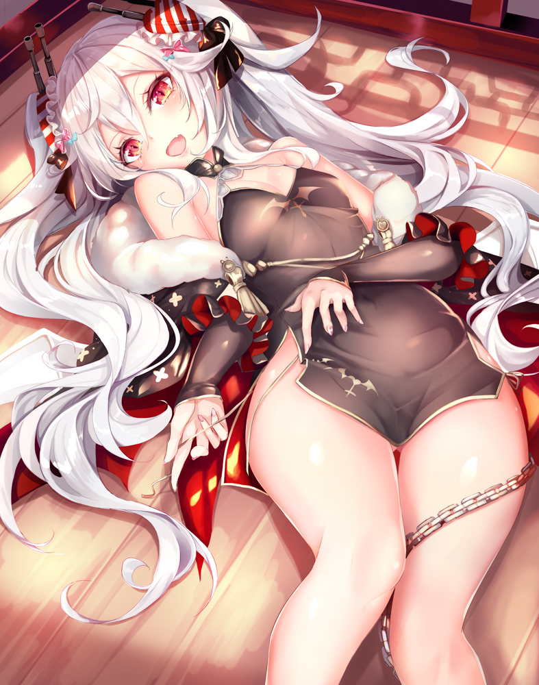 ass_visible_through_thighs azur_lane bangs breasts chain china_dress chinese_clothes cleavage cleavage_cutout commentary covered_navel cowboy_shot detached_sleeves dress feet_out_of_frame fur_collar hair_between_eyes hair_ornament hair_ribbon halterneck haruka_natsuki knees_together_feet_apart long_hair looking_at_viewer lying off_shoulder on_back panties red_eyes ribbon shadow side-tie_panties side_slit small_breasts smile solo strap_pull thigh_gap twintails underwear untied untied_panties vampire_(azur_lane) white_hair wooden_floor