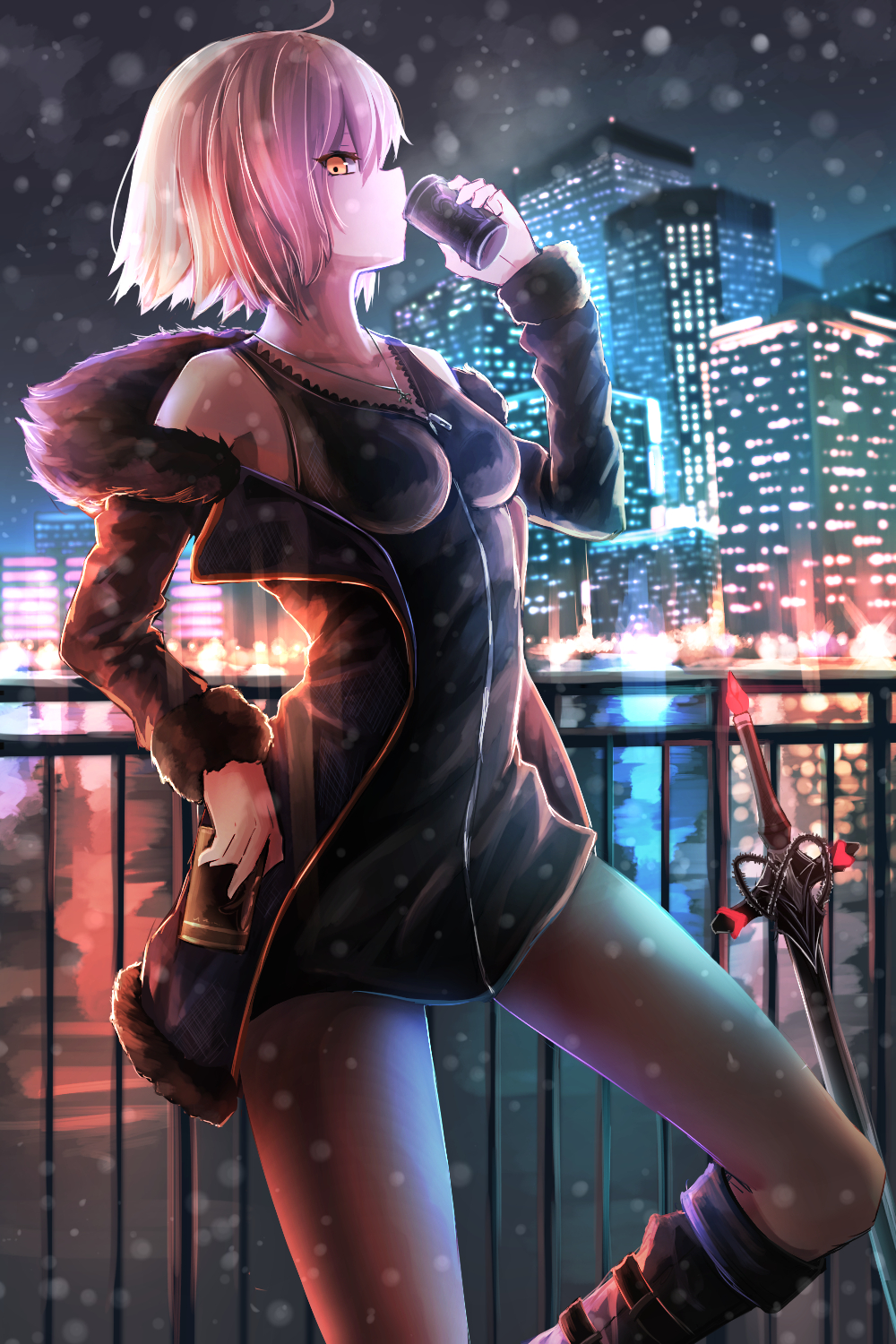 1girl blonde_hair city dress fate/grand_order fate_(series) jeanne_alter night ruler_(fate/apocrypha) short_hair water wine yellow_eyes