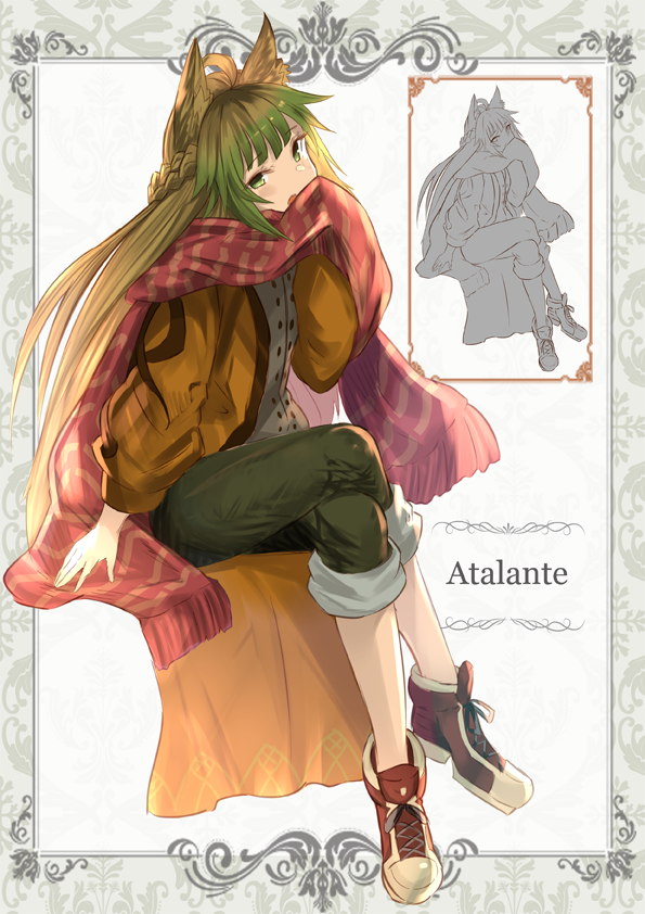 alternate_costume animal_ears atalanta_(fate) blonde_hair character_name crossed_legs fate/apocrypha fate_(series) fox_ears green_eyes green_hair green_pants invisible_chair long_hair multicolored_hair open_mouth pants red_scarf scarf sitting solo two-tone_hair very_long_hair yatsuka_(846)