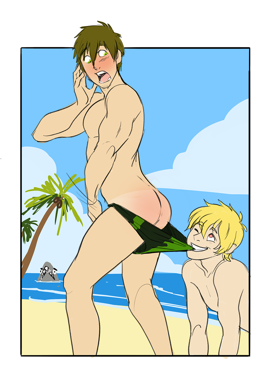 2boys ass beach blush booty_electric free! male_focus multiple_boys outdoors swimwear tagme topless undressing yaoi