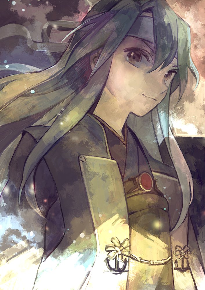 anchor brown_eyes closed_mouth commentary commentary_request green_hair grey_hair hachimaki hair_between_eyes hair_down headband japanese_clothes jinbaori kantai_collection kimono long_hair long_sleeves looking_at_viewer muneate remodel_(kantai_collection) smile solo sunagimo_(sandliver) upper_body v-shaped_eyebrows zuikaku_(kantai_collection)