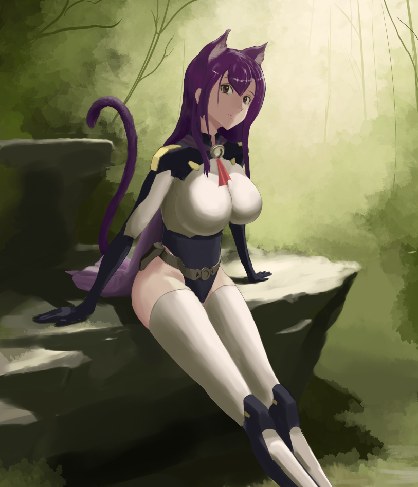 1girl animal_ears asobi_ni_iku_yo! bangs bodysuit breasts cat_ears forest gloves jimothy kuune large_breasts long_hair looking_at_viewer purple_hair stockings thighhighs very_long_hair watercolor