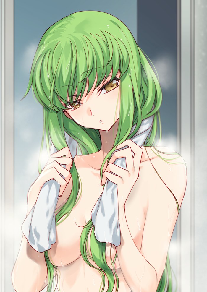 bangs breasts c.c. cleavage code_geass commentary_request creayus green_hair hair_censor hair_over_breasts long_hair looking_at_viewer medium_breasts nude solo towel wet white_towel yellow_eyes