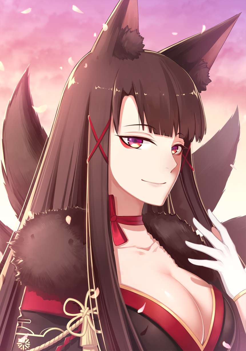 akagi_(azur_lane) animal_ears ayan azur_lane backlighting bangs black_kimono blunt_bangs breasts choker cleavage closed_mouth collarbone eyebrows_visible_through_hair eyeshadow fox_ears fox_tail fur_collar gloves gradient_sky hair_ornament highres japanese_clothes kimono kitsune large_breasts lips long_hair looking_at_viewer makeup multiple_tails outdoors petals red_choker red_ribbon ribbon ribbon_choker sky smile solo straight_hair tail tassel tsurime upper_body white_gloves x_hair_ornament