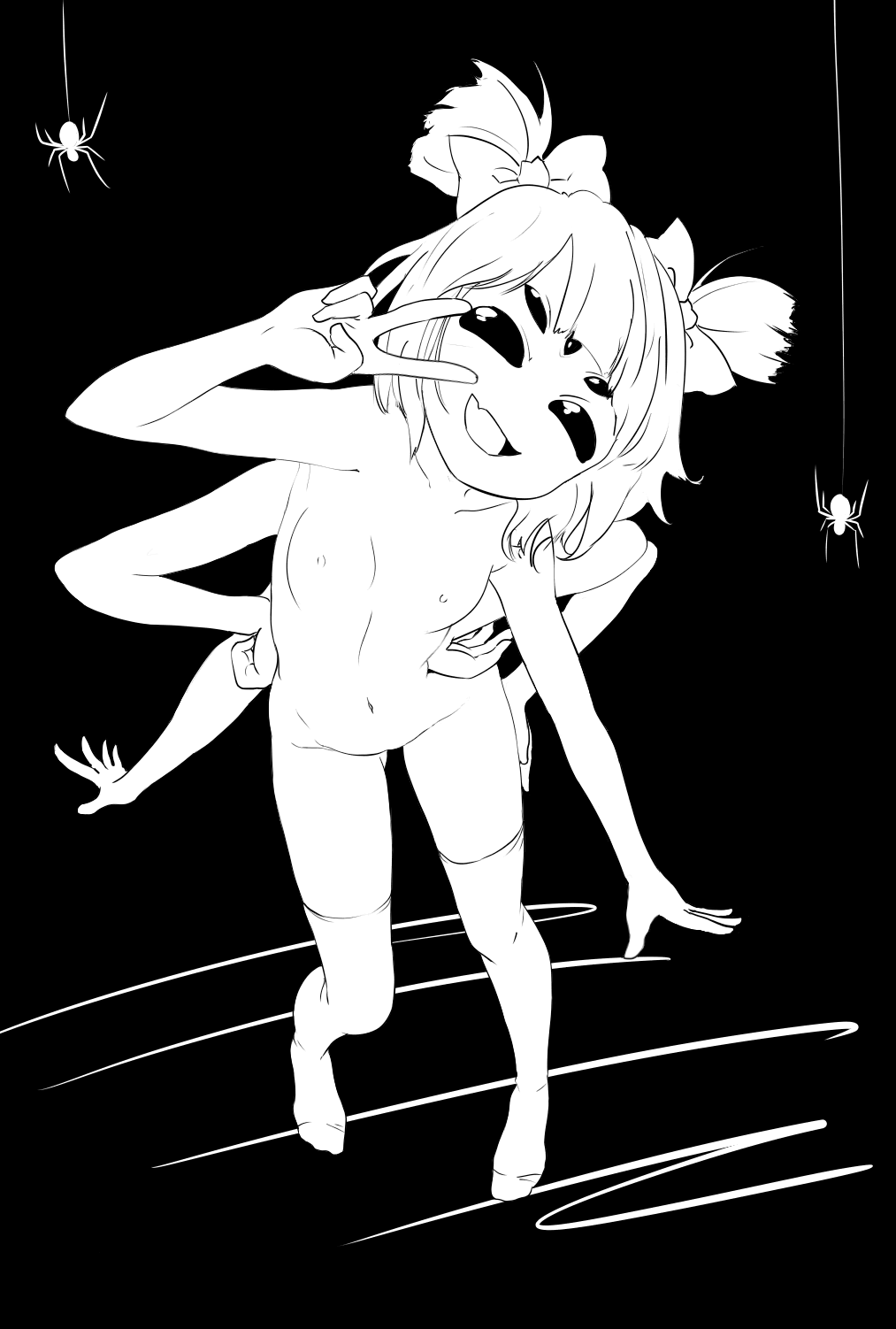 animal_humanoid anthro arachnid arthropod black_background bow breasts clothing female haaru happy humanoid legwear looking_at_viewer monochrome muffet multi_arm multi_eye multi_limb nipples open_mouth simple_background smile solo spider spider_humanoid thigh_gap undertale v_sign video_games