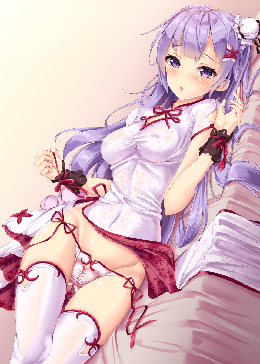 ass_visible_through_thighs azur_lane bangs bed bed_sheet blush breasts bun_cover china_dress chinese_clothes cleavage cleavage_cutout covered_nipples dress dress_lift eyebrows_visible_through_hair fukuda_shuushi hair_bun hair_ornament halterneck highres indoors long_hair looking_at_viewer lying medium_breasts no_bra on_side open_mouth panties pantyshot purple_eyes purple_hair shiny shiny_skin short_sleeves side-tie_panties side_bun side_slit solo strap_pull thigh_gap thighhighs underwear unicorn_(azur_lane) white_dress white_legwear white_panties wrist_cuffs x_hair_ornament