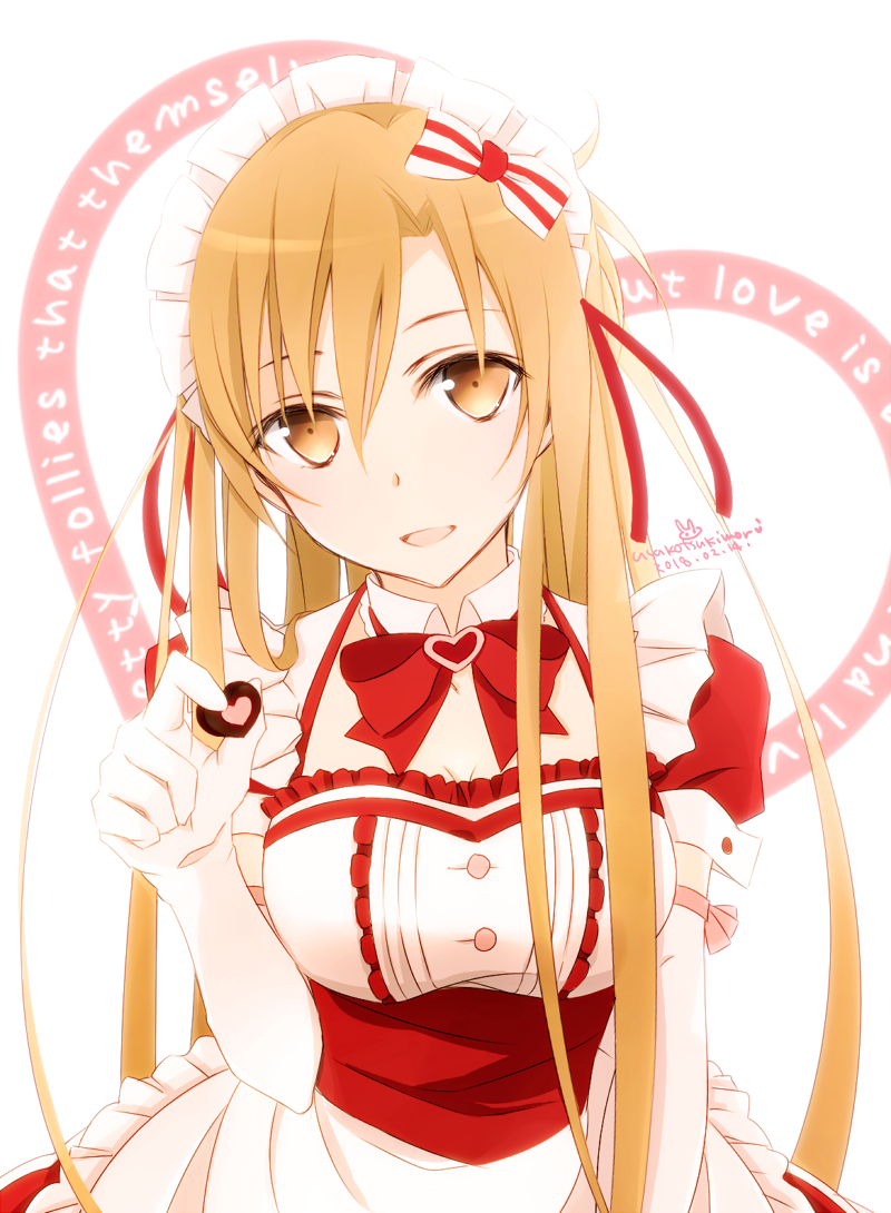 :d alternate_costume apron asuna_(sao) bangs blonde_hair bow bowtie breasts brown_eyes center_opening chocolate chocolate_heart cleavage detached_collar elbow_gloves english enmaided food frilled_apron frills gloves hair_bow head_tilt heart holding holding_food long_hair looking_at_viewer maid maid_headdress medium_breasts multicolored multicolored_eyes open_mouth red_bow red_neckwear sash short_sleeves smile solo striped striped_bow sword_art_online tareme tsukimori_usako upper_body very_long_hair waist_apron white_apron white_background white_gloves yellow_eyes