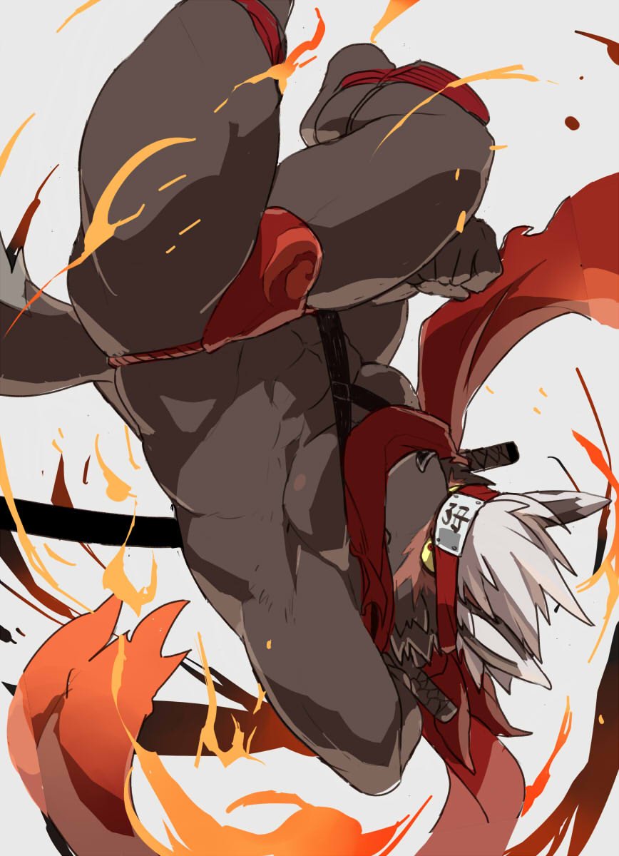 black_fur bulge canine clothing dog fire flip fundoshi fur headband japanese_clothing kmd023 male mammal muscular muscular_male ninja scarf tadatomo tokyo_afterschool_summoners underwear upside_down