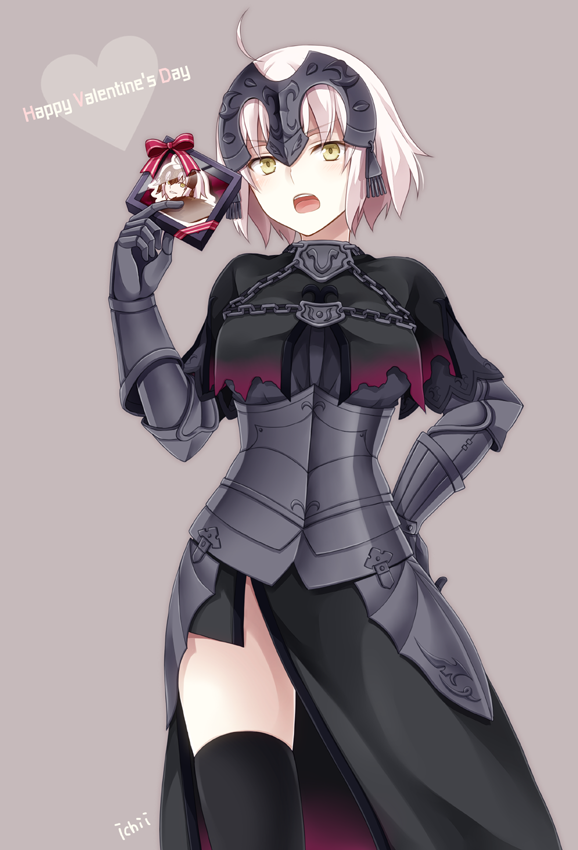 ahoge armor armored_dress black_gloves black_legwear blonde_hair box breasts chain commentary_request eyebrows_visible_through_hair fate/grand_order fate_(series) fur_trim gauntlets gift gloves headpiece holding holding_gift jeanne_d'arc_(alter)_(fate) jeanne_d'arc_(fate)_(all) kubyou_azami looking_at_viewer medium_breasts open_mouth ribbon short_hair solo thighhighs valentine yellow_eyes