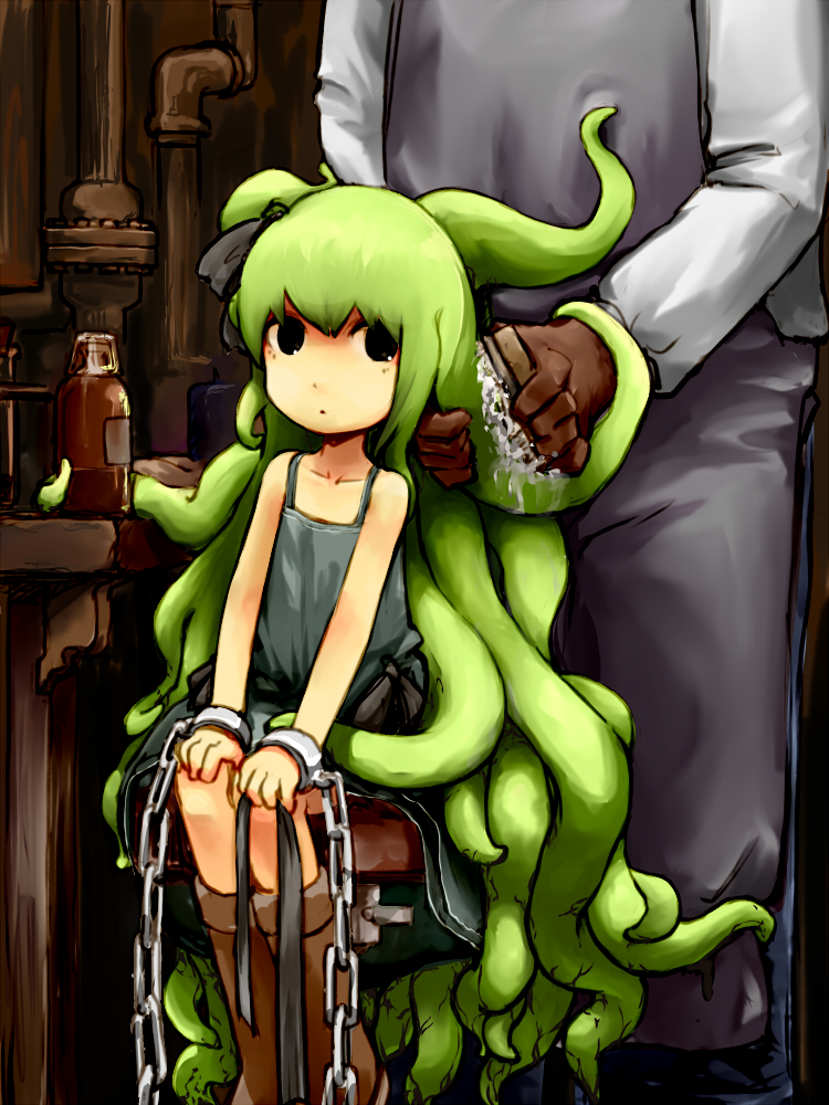 1boy 1girl boots chains child dress goma_(mm324) green_hair monster_girl original shackles sitting tentacle tentacle_hair washing_hair