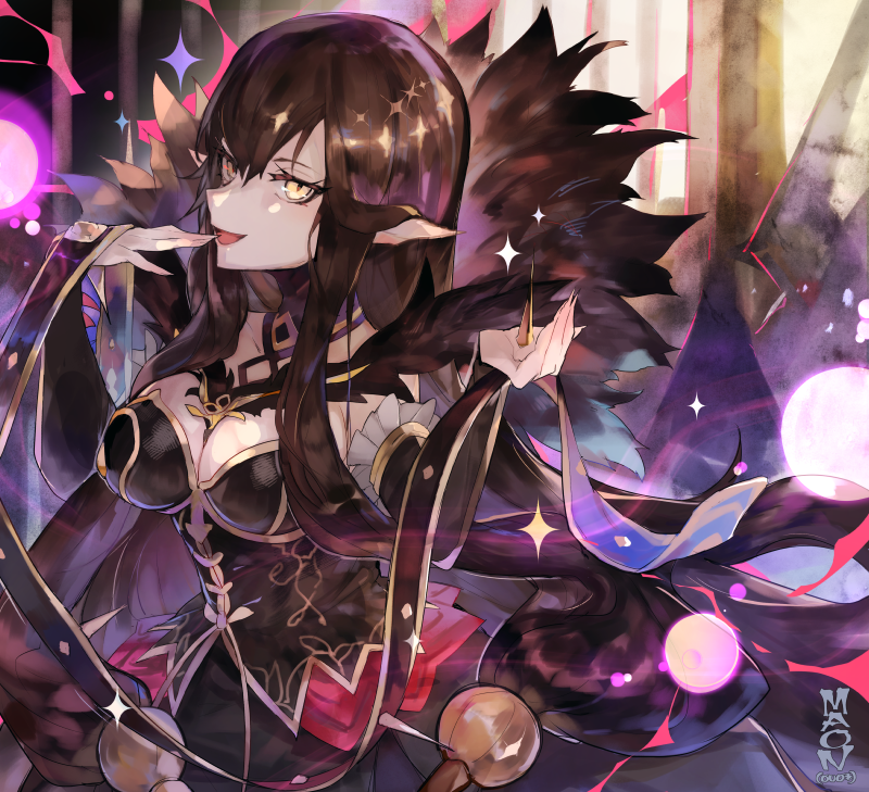 between_breasts black_dress breasts bridal_gauntlets brown_hair cleavage dress elbow_gloves fate/apocrypha fate/grand_order fate_(series) fingernails fur_trim gloves long_hair looking_at_viewer maon_(vava0210) medium_breasts open_mouth pointy_ears semiramis_(fate) shiny shiny_hair spikes yellow_eyes