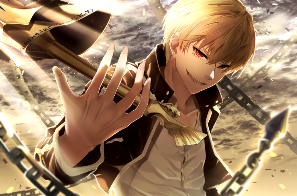 :d bangs black_jacket blonde_hair chain cloud cloudy_sky cropped_jacket day enkidu_(weapon) fate/stay_night fate_(series) fingernails foreshortening gilgamesh jacket koruta_(nekoimo) lance light_rays long_sleeves looking_at_viewer male_focus motion_blur open_clothes open_jacket open_mouth outdoors polearm red_eyes shirt sky smile solo sunbeam sunlight tsurime upper_body v-shaped_eyebrows weapon white_shirt