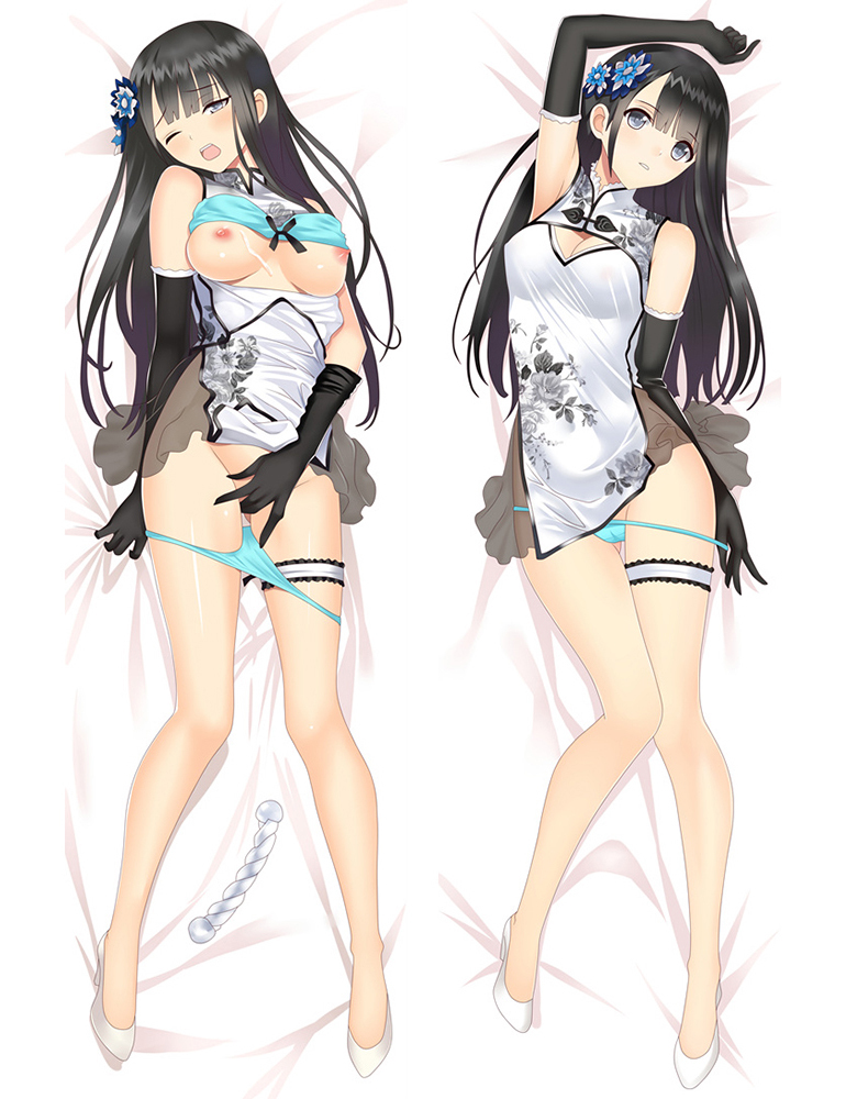 arm_up bangs bare_legs bare_shoulders bed_sheet black_gloves blue_panties blunt_bangs blush bra bra_lift breasts china_dress chinese_clothes cleavage cleavage_cutout covered_navel covered_nipples dakimakura derivative_work dress dress_lift elbow_gloves eyebrows_visible_through_hair fingering floral_print flower flute frills from_above full_body gloves hair_flower hair_ornament head_tilt instrument long_hair looking_at_viewer looking_up lying masturbation medium_breasts multiple_views nipples no_legwear on_back open_mouth original panties panty_pull parted_lips ping-yi pulled_by_self see-through sex_toy shiny shiny_skin shoes short_dress sleeveless sleeveless_dress tanaka_takayuki tareme teeth thigh_gap thigh_strap underwear white_dress white_footwear