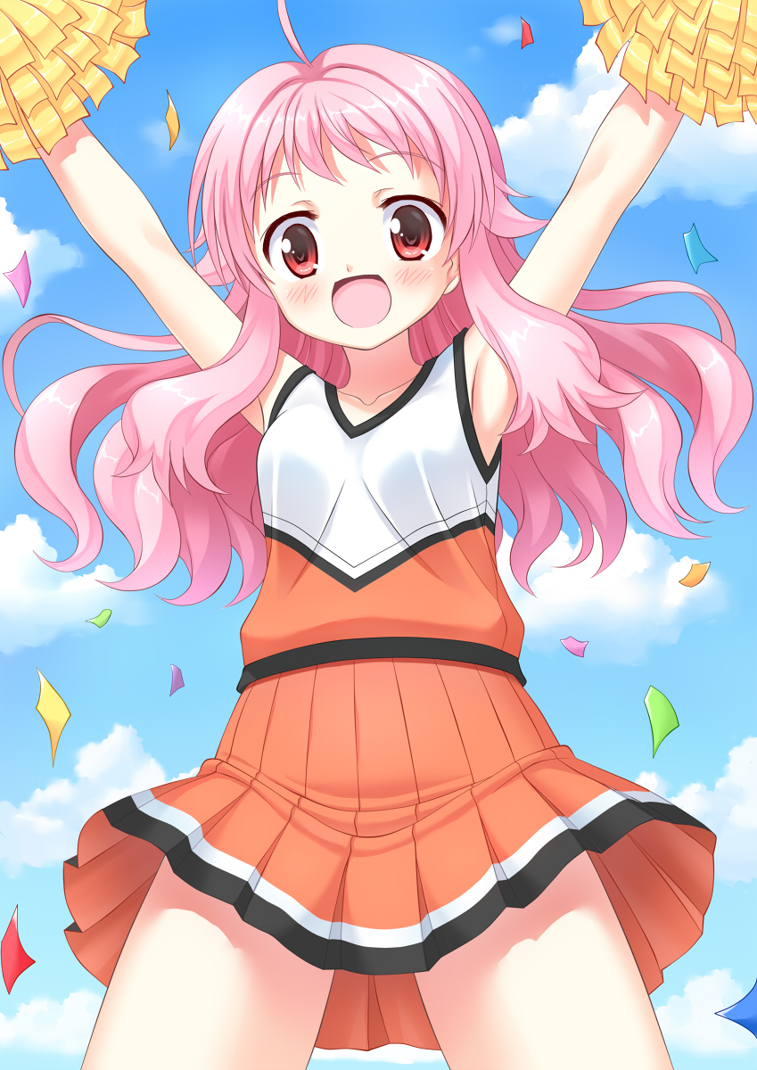 1girl :d \o/ ahoge anima_yell! armpits arms_up bangs bare_arms bare_shoulders blue_sky blush breasts cheerleader cloud collarbone commentary_request confetti day eyebrows_visible_through_hair hatoya_kohane highres hinata_keiichi holding long_hair looking_at_viewer open_mouth orange_skirt outdoors outstretched_arms pink_hair pleated_skirt pom_poms red_eyes skirt sky small_breasts smile solo tank_top