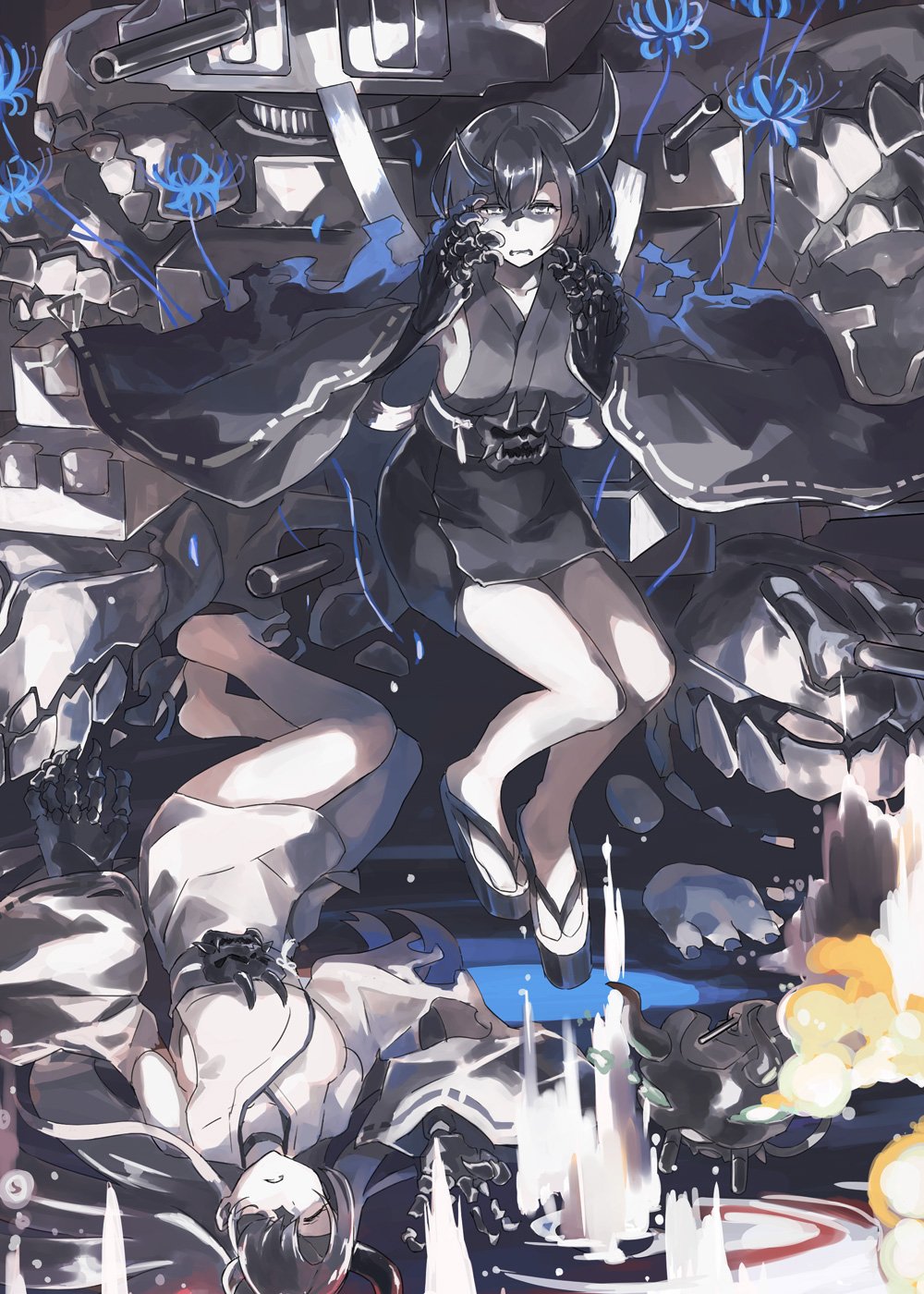 asymmetrical_horns belt black_hair black_kimono blue_flower breasts cannon claws closed_eyes collarbone commentary crying crying_with_eyes_open detached_sleeves enemy_aircraft_(kantai_collection) explosion fingernails flower geta hair_between_eyes highres horn horns japanese_clothes kantai_collection kimono long_hair long_sleeves lying lying_on_water machinery medium_breasts multiple_girls night_strait_hime_(black) night_strait_hime_(white) nontraditional_miko obi open_mouth pale_skin ribbon-trimmed_sleeves ribbon_trim rigging sash shaded_face shinkaisei-kan short_hair sideboob sitting skirt smoke spider_lily splashing sugue_tettou tears teeth torn_clothes turret water weapon white_kimono wide_sleeves