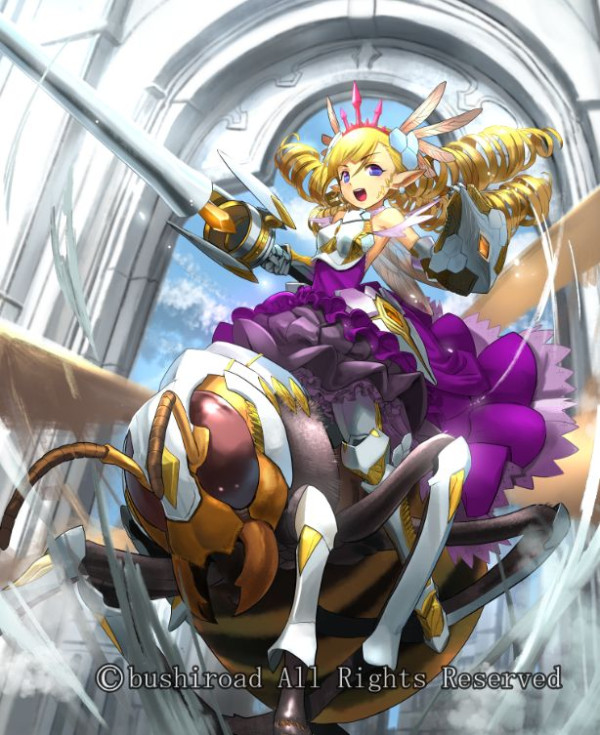 adachi_yousuke armor armored_boots bare_shoulders bee blonde_hair boots breastplate bug cardfight!!_vanguard company_name drill_hair earrings fairy_wings faulds feathers gauntlets gloves hair_ornament insect jewel_knight_noble_stinger jewelry lance long_hair official_art open_mouth pointy_ears polearm purple_eyes shield sky solo teeth tiara twintails weapon wings