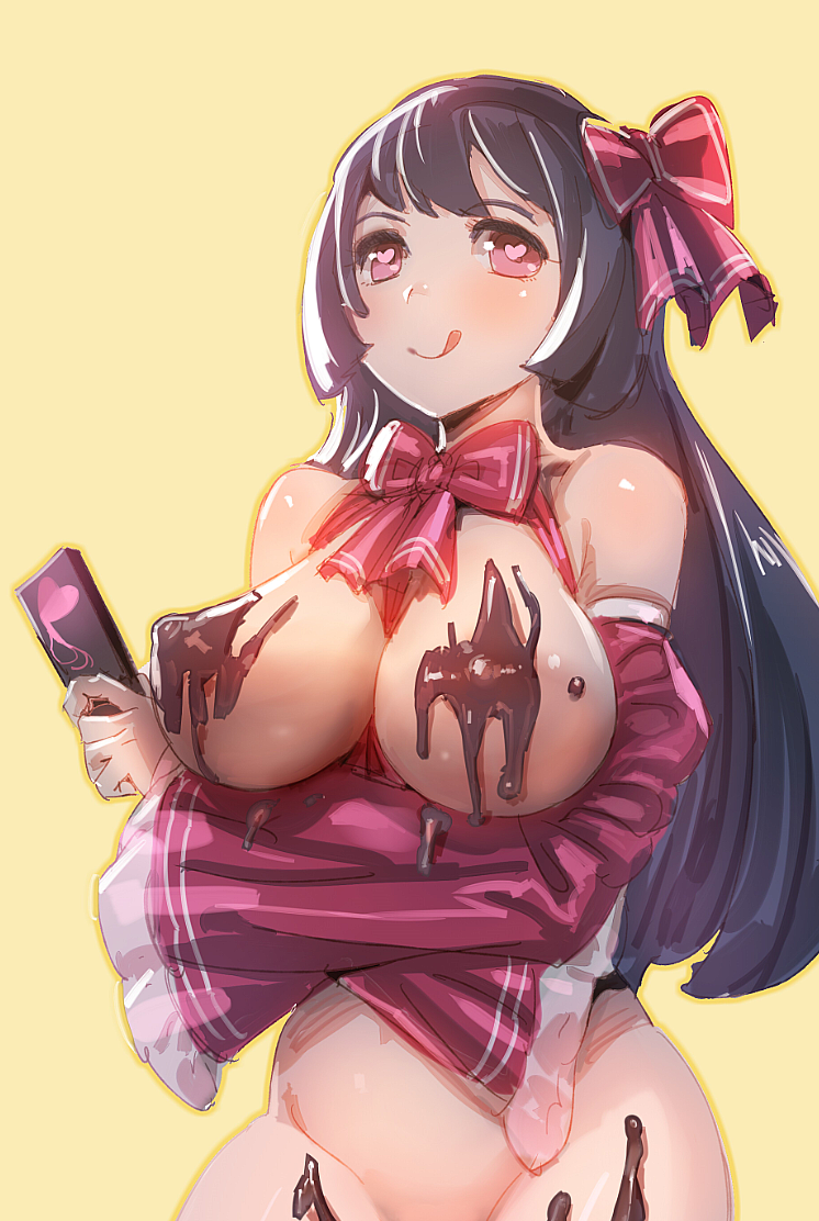 :q bangs between_breasts black_hair blush bow bow_(bhp) bowtie breast_hold breasts chocolate_on_breasts cleavage closed_mouth covered_nipples detached_sleeves groin hair_bow heart heart-shaped_pupils holding large_breasts long_hair long_sleeves looking_at_viewer nude original out-of-frame_censoring pink_bow pink_eyes pink_neckwear shiny shiny_skin simple_background smile solo straight_hair symbol-shaped_pupils tongue tongue_out upper_body valentine yellow_background