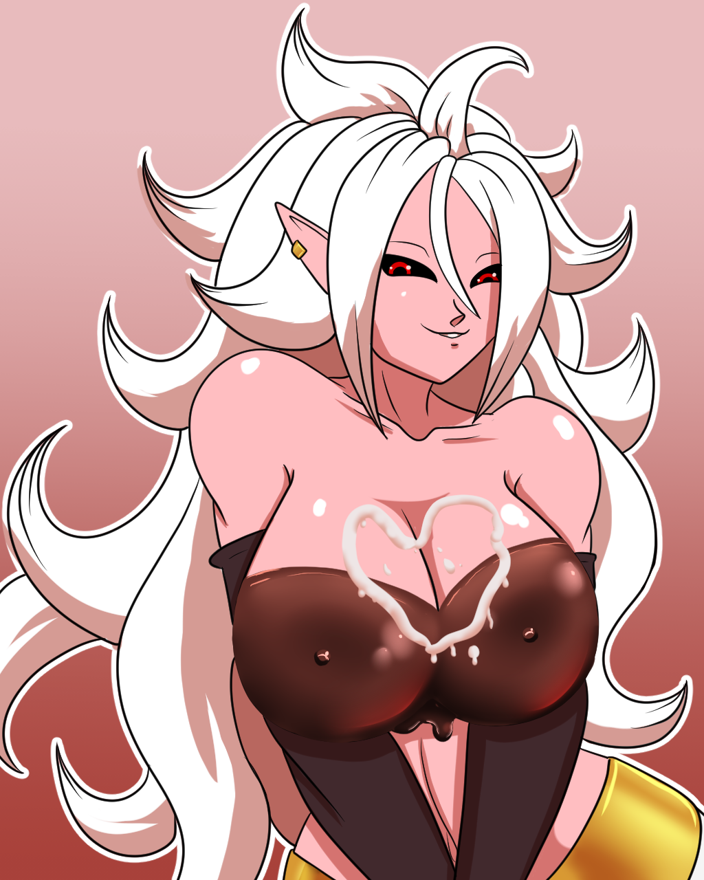 &lt;3 ahoge android_21 bandai_namco big_breasts breast_grab breast_squeeze breasts candy chocolate chocolate_covered_boobs cream dragon_ball dragon_ball_fighterz dragon_ball_z ear_piercing edible_clothing female food hair hand_on_breast holidays humanoid invalid_color looking_at_viewer majin piercing red_eyes ryujisama smile valentine's_day white_hair