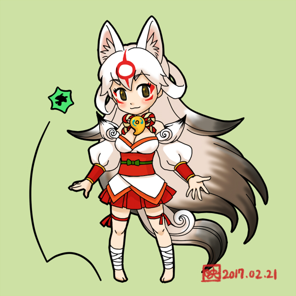 1boy 1girl amaterasu animal_ears artist_request blush breasts bug chibi cleavage dated face_markings face_paint feet issun japanese_clothes long_hair medium_breasts miko multicolored_hair ookami_(game) pendant personification puffy_sleeves skirt smile tail two-tone_hair very_long_hair wolf_ears