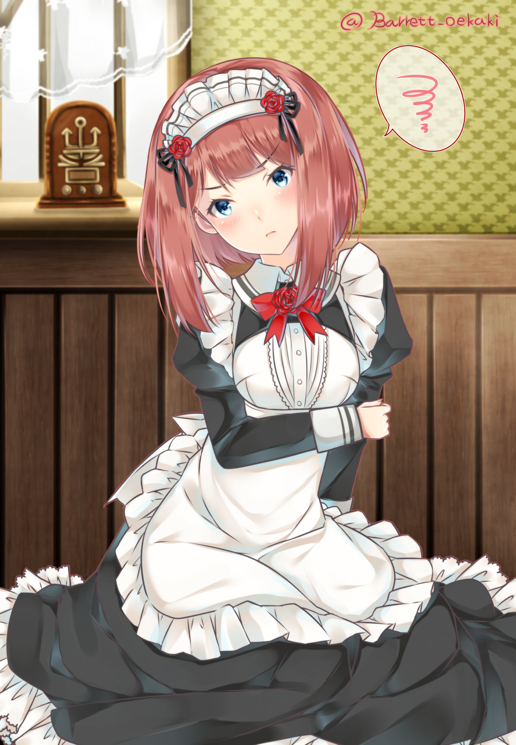 alternate_costume apron ark_royal_(kantai_collection) bangs baretto_(firearms_1) black_dress blue_eyes blunt_bangs blush bob_cut bow bowtie curtains dress enmaided flower frilled_apron frilled_dress frills hair_flower hair_ornament hand_on_own_arm head_tilt highres indoors juliet_sleeves kantai_collection long_sleeves looking_at_viewer maid maid_headdress parted_lips puffy_sleeves radio red_bow red_flower red_hair red_neckwear red_rose rose short_hair sitting solo speech_bubble spoken_squiggle squiggle tareme twitter_username white_apron window