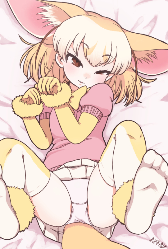 animal_ears bed_sheet blonde_hair brown_eyes commentary dated elbow_gloves extra_ears eyebrows_visible_through_hair feet fennec_(kemono_friends) fox_ears fur_trim gloves kemono_friends kitsunetsuki_itsuki lying multicolored multicolored_clothes multicolored_hair multicolored_legwear on_back panties photo-referenced pink_footwear puffy_short_sleeves puffy_sleeves short_hair short_sleeves signature skirt smile soles solo thighhighs two-tone_legwear underwear uneven_eyes white_panties white_skirt yellow_gloves