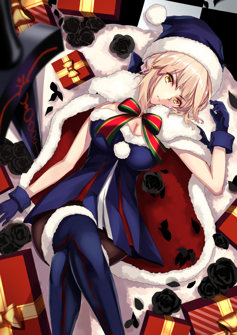 artoria_pendragon_(all) augu_(523764197) black_flower black_legwear blonde_hair blue_dress blue_footwear blue_gloves blue_santa_costume boots box breasts cape cleavage crossed_legs dress eyebrows_visible_through_hair fate/grand_order fate_(series) flower from_above fur_trim gift gift_box gloves hat head_tilt lying medium_breasts on_back pantyhose pleated_dress santa_alter santa_costume santa_hat short_dress sidelocks solo strapless strapless_dress thigh_boots thighhighs tied_hair yellow_eyes