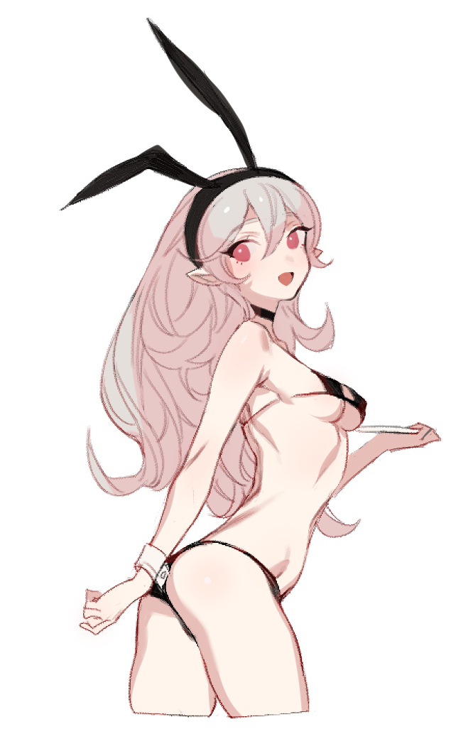 :d animal_ears arm_at_side ass bare_legs bare_shoulders bikini black_bikini black_choker blonde_hair blush breasts bunny_ears choker cropped_legs fake_animal_ears fire_emblem fire_emblem_if hair_between_eyes holding leaning_forward long_hair looking_at_viewer medium_breasts micro_bikini my_unit_(fire_emblem_if) open_mouth pink_eyes simple_background smile solo standing string_bikini swimsuit thighs underboob white_background wrist_cuffs zuizi