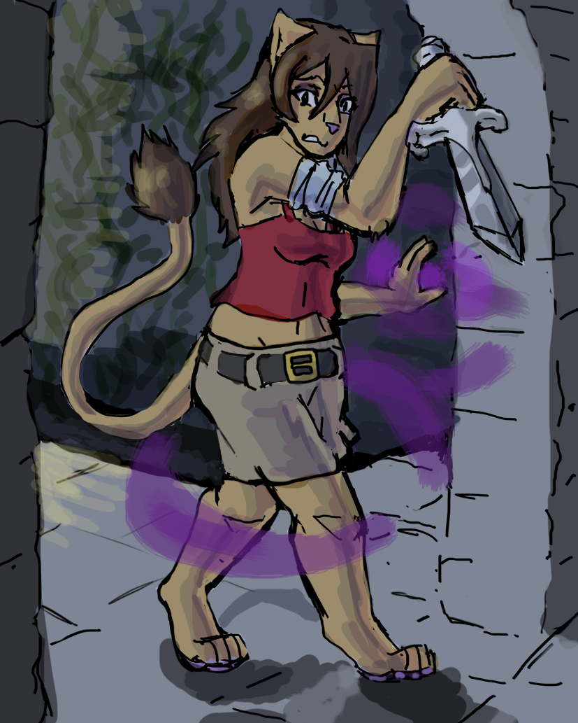 4_toes 5_fingers anthro clothed clothing dagger digital_media_(artwork) digitigrade dungeon fantasy feline female fur hair magic mammal manpersonguy melee_weapon mrease racheltheseeker solo standing toes weapon