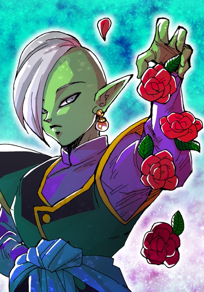 1boy blue_background dragon_ball dragon_ball_super earrings egyptian_clothes expressionless flower green_skin grey_eyes jewelry long_sleeves looking_at_viewer male_focus mohawk outstretched_hand petals pointy_ears red_flower red_rose rose serious shaded_face simple_background white_hair zamasu