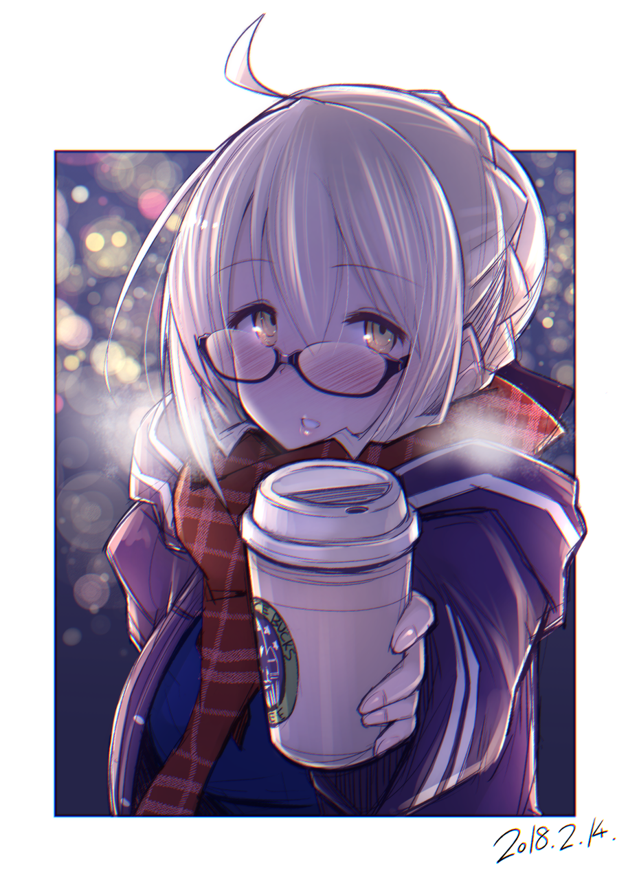 ahoge artoria_pendragon_(all) black-framed_eyewear blonde_hair blush braid coat coffee_cup cup disposable_cup fate/grand_order fate_(series) fingernails french_braid hair_between_eyes highres holding holding_cup kagami_uekusa light_particles long_fingernails long_sleeves looking_at_viewer mysterious_heroine_x_(alter) nose_blush open_clothes open_coat parted_lips plaid plaid_scarf red_scarf scarf semi-rimless_eyewear starbucks under-rim_eyewear yellow_eyes