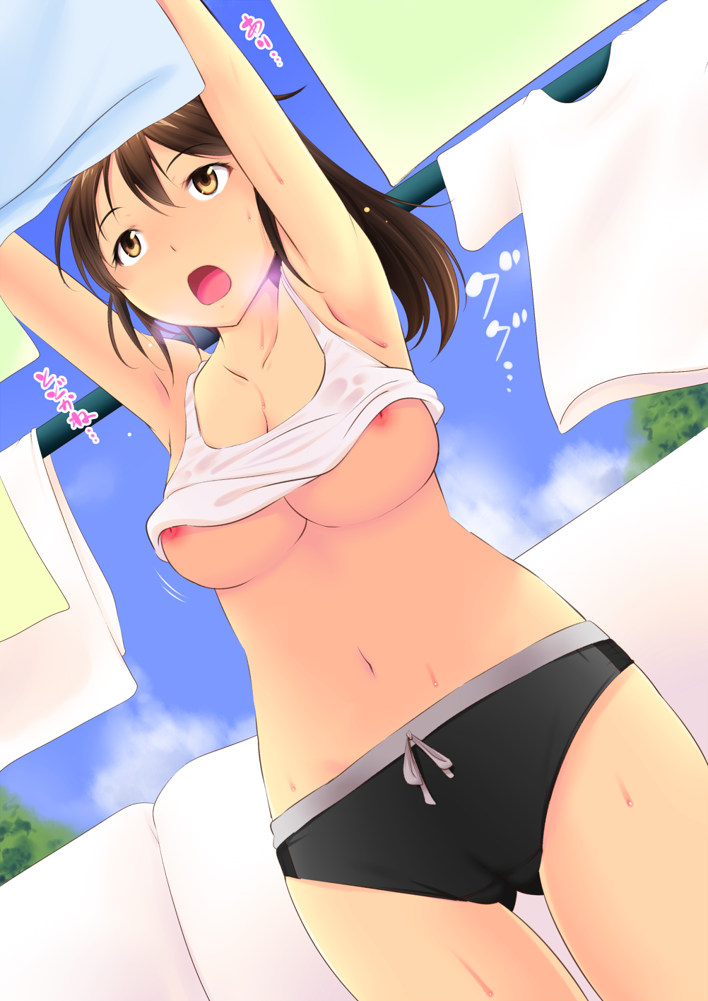 armpits black_shorts bouncing_breasts breasts brown_eyes brown_hair cameltoe cleavage clothes_lift cloud collarbone day drying drying_clothes heavy_breathing highres inverted_nipples katori_(mocchidou) laundry laundry_pole looking_up medium_breasts micro_shorts midriff navel nipples open_mouth original outdoors ponytail reaching shorts solo sweat tank_top towel wet wet_clothes