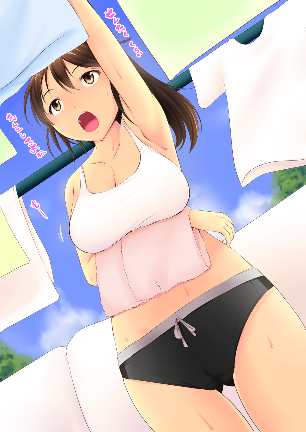 armpits black_shorts bouncing_breasts breast_hold breasts brown_eyes brown_hair cameltoe cleavage cloud collarbone day drying drying_clothes highres katori_(mocchidou) laundry laundry_pole looking_up medium_breasts micro_shorts midriff navel open_mouth original outdoors ponytail reaching shorts solo sweat tank_top taut_clothes towel