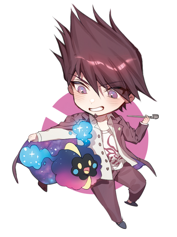 :d black_footwear blush chibi collared_shirt cosmog crossover danganronpa dress_shirt eyebrows_visible_through_hair floating full_body gen_7_pokemon grin holding jacket legendary_pokemon long_sleeves momota_kaito new_danganronpa_v3 open_clothes open_jacket open_mouth outstretched_arm pants pokemon pokemon_(creature) purple_eyes purple_hair purple_jacket purple_pants shiny shiny_hair shirt slippers smile sparkle spiked_hair t-shirt teeth two-tone_background unbuttoned unbuttoned_shirt v-shaped_eyebrows white_shirt wing_collar yellow_eyes zuizi