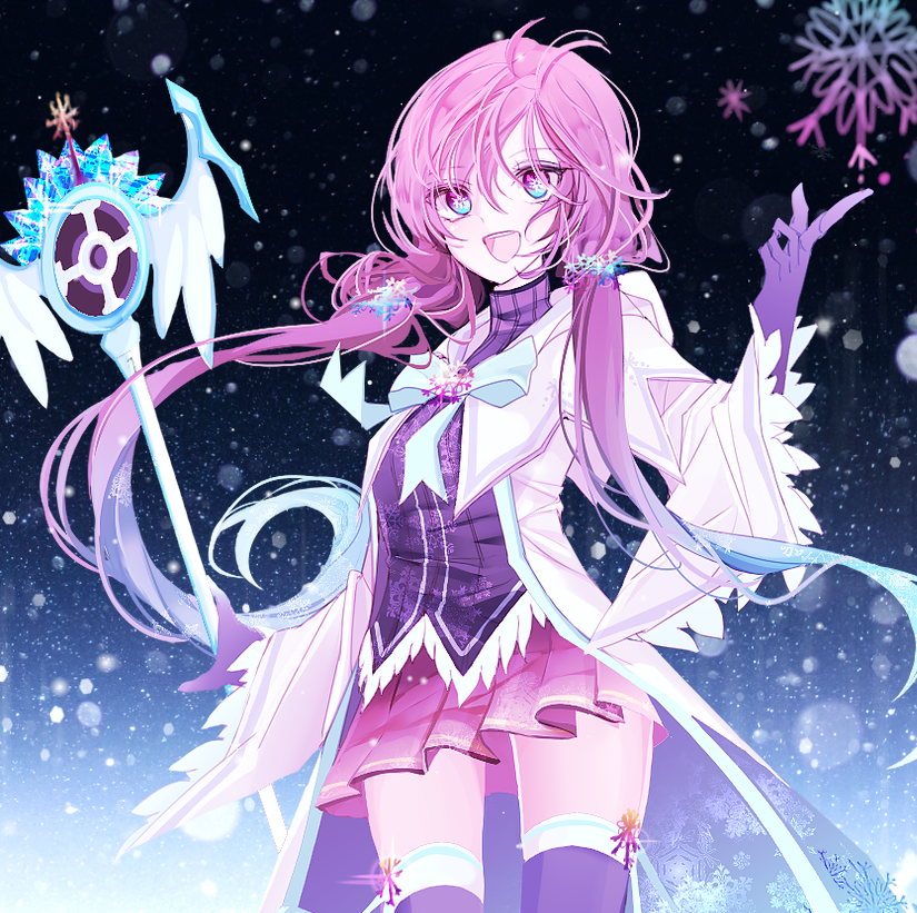 :d aisha_(elsword) annlin blue_eyes blue_hair elemental_master_(elsword) elsword floating_hair gloves hair_ornament holding holding_staff miniskirt multicolored_hair open_mouth pink_hair pink_skirt pleated_skirt purple_gloves purple_legwear purple_shirt shirt skirt smile snowflake_hair_ornament solo staff standing thighhighs twintails two-tone_hair zettai_ryouiki