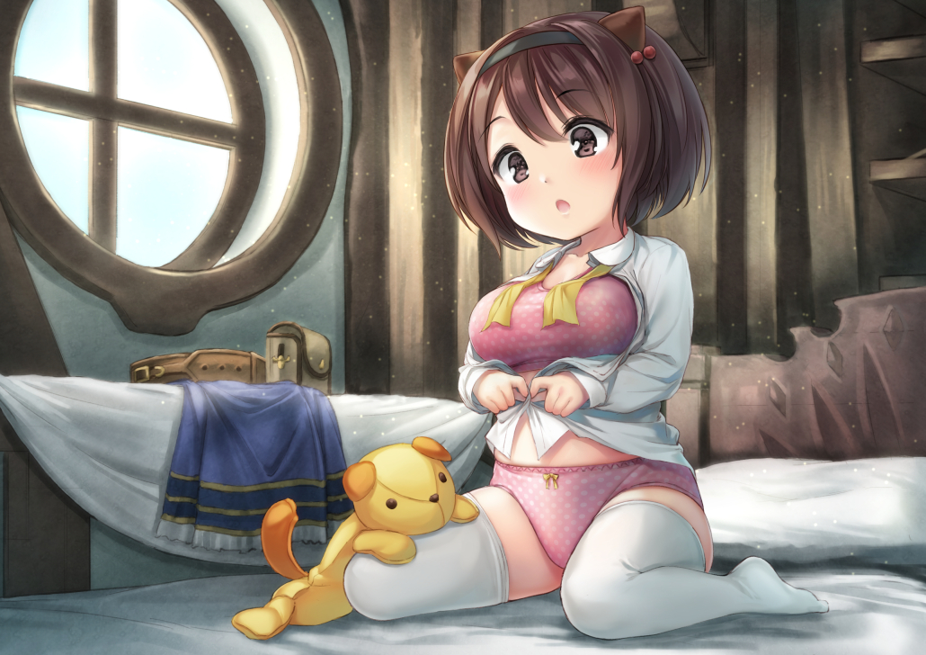 bed bed_sheet belt belt_removed blush bow bow_panties breasts brown_eyes brown_hair collarbone collared_shirt dressing ecou eyebrows_visible_through_hair granblue_fantasy hair_bobbles hair_ornament hairband horns indoors large_breasts long_sleeves on_bed open_mouth panties pink_panties polka_dot polka_dot_panties shirt short_hair sitting skirt skirt_removed solo stuffed_animal stuffed_toy underwear wariza white_legwear white_pillow white_shirt window wing_collar yaia_(granblue_fantasy)
