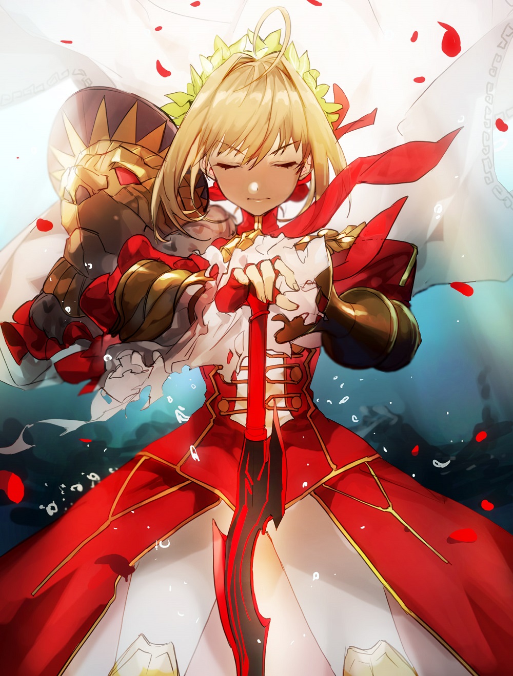 aestus_estus ahoge armor blonde_hair closed_eyes closed_mouth dress fate/extra fate/grand_order fate_(series) hair_intakes highres laurel_crown nero_claudius_(fate) nero_claudius_(fate)_(all) no-kan pauldrons petals pose red_dress red_petals rose_petals shiny shiny_hair solo