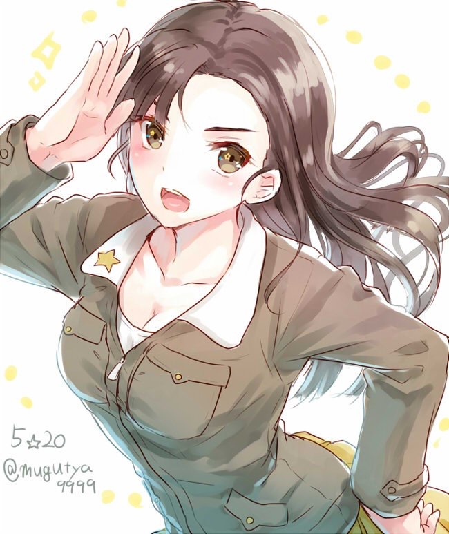 asymmetrical_bangs bangs breasts brown_eyes brown_hair brown_jacket chi-hatan_military_uniform cleavage dated girls_und_panzer hand_on_hip jacket leaning_to_the_side long_hair long_sleeves looking_at_viewer macho_ojiji medium_breasts military military_uniform nishi_kinuyo open_mouth pleated_skirt salute shirt skirt smile solo standing twitter_username uniform upper_body white_shirt yellow_skirt