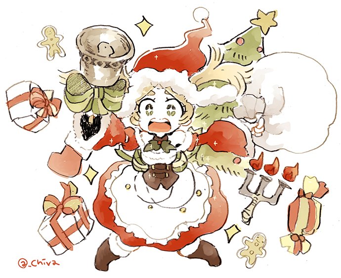 apron bag bell blonde_hair boots box candelabra chibi chiva_(wonderworldwood) christmas christmas_tree detached_collar dress fire_emblem fire_emblem:_kakusei fire_emblem_heroes gift gift_box hat liz_(fire_emblem) open_mouth ribbon sack santa_costume short_hair short_twintails sparkling_eyes twintails